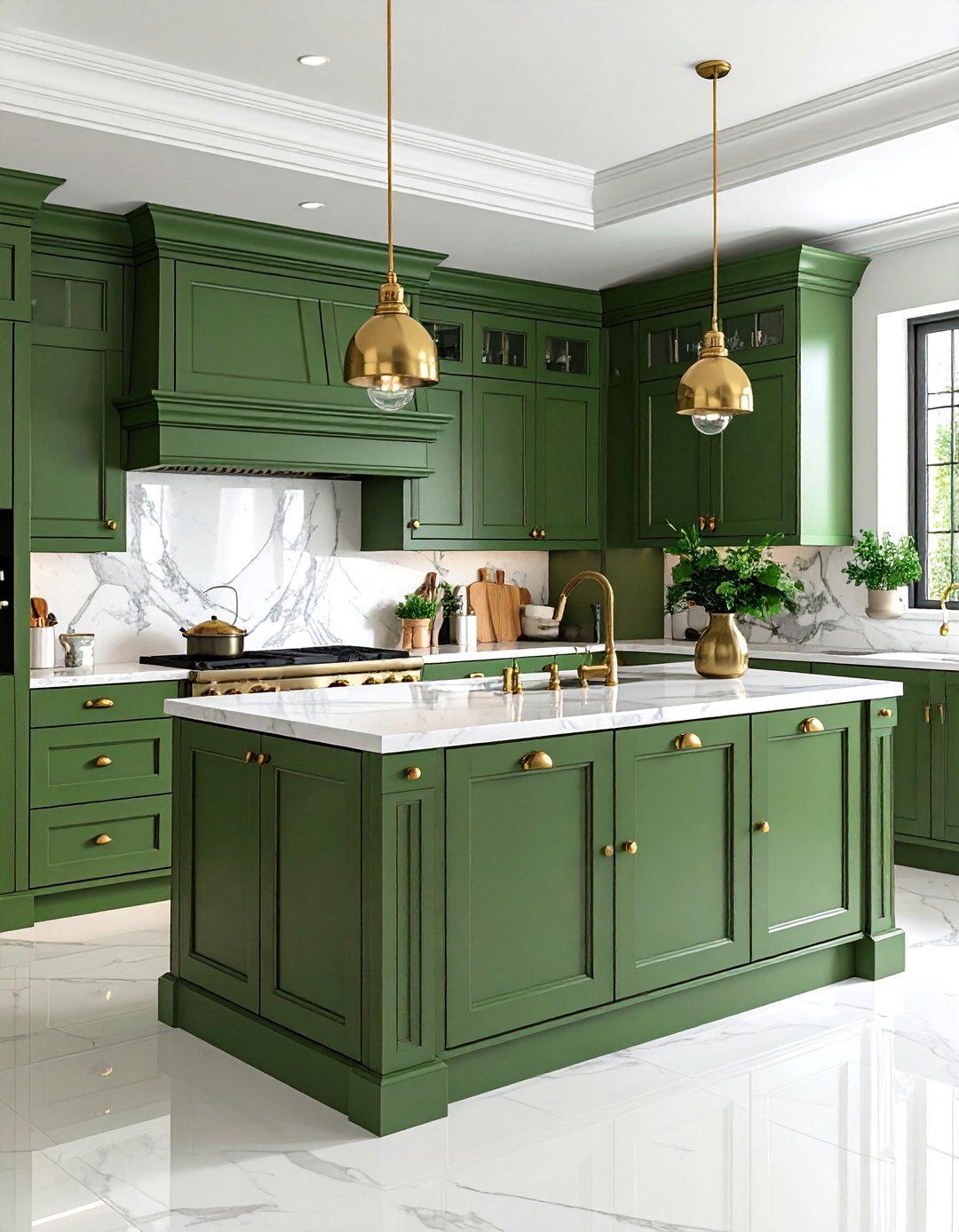 Traditional Olive Green Kitchen with Marble Countertops - 24 Olive Green Kitchens