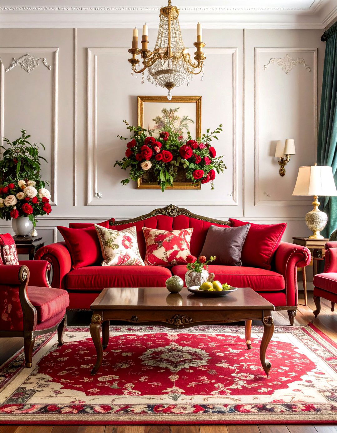 Traditional Red Floral Patterns - 24 Red Living Room Ideas