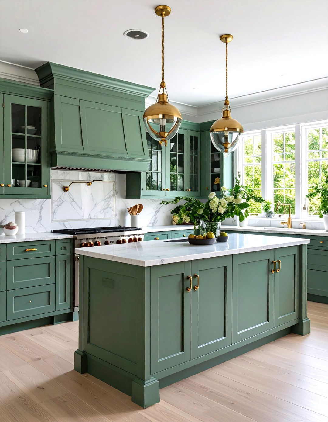 Traditional Sage Green with Glass Front Cabinets - 24 Rustic Sage Green Kitchen Cabinets