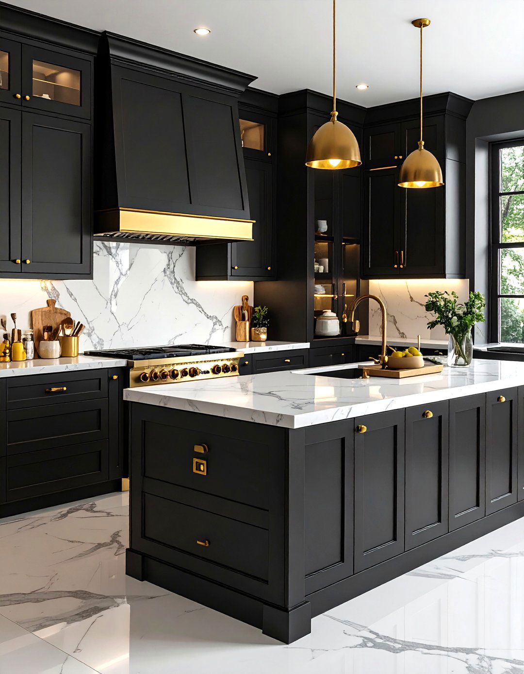 Traditional Shaker Black Cabinets with Antique Gold Fixtures - 24 Black and Gold Kitchen Ideas