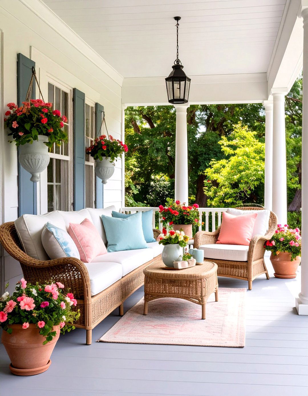 Traditional Southern Porch with Wicker and Flowering Plants - 24 Small Porch Ideas