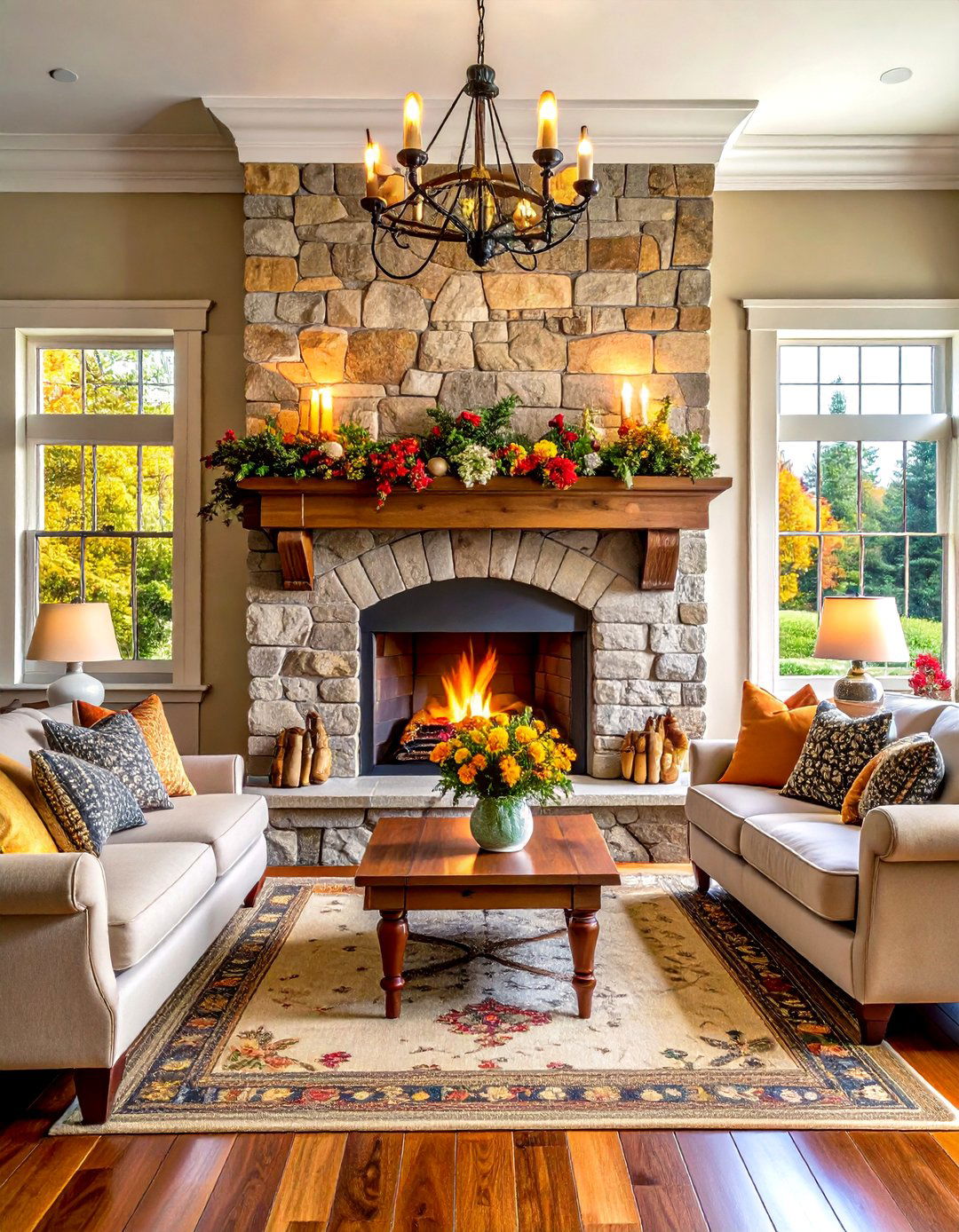 Traditional Stone Fireplace with Wood Mantel - 24 Floor-to-Ceiling Stone Fireplace Ideas