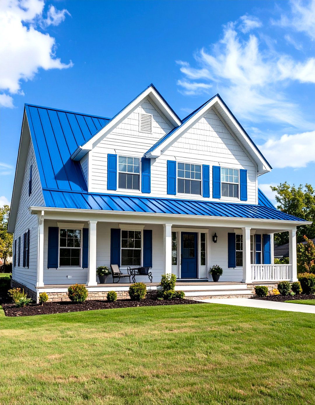 Traditional Suburban Home - 24 houses with blue metal roofs
