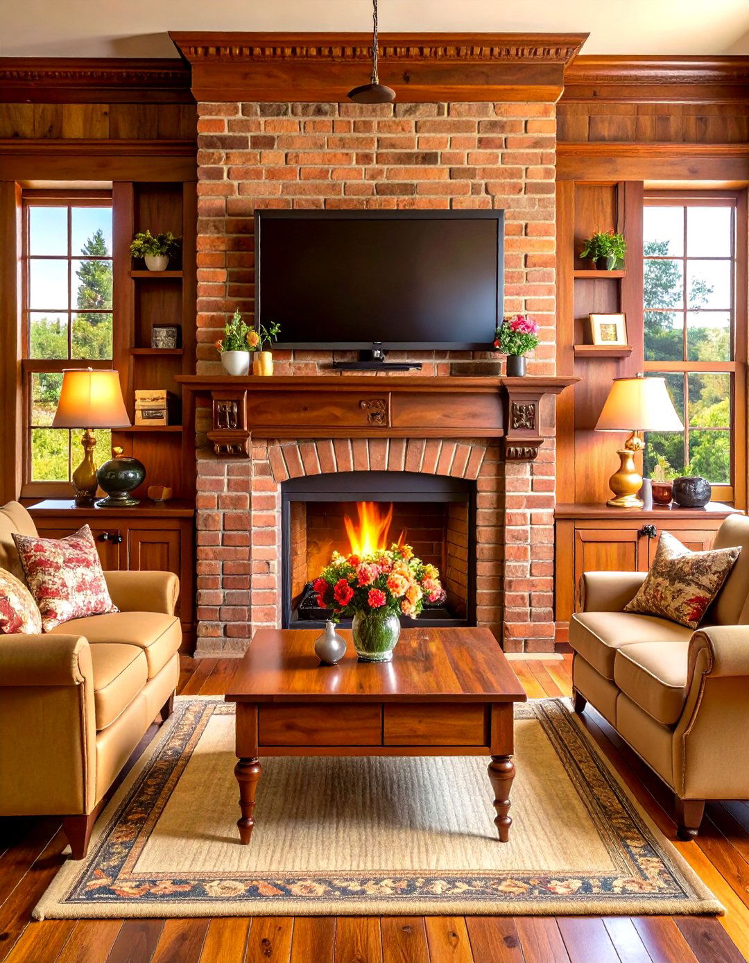 Traditional TV Over Brick Fireplace with Wooden Mantel - 24 Tv Over Fireplace Ideas