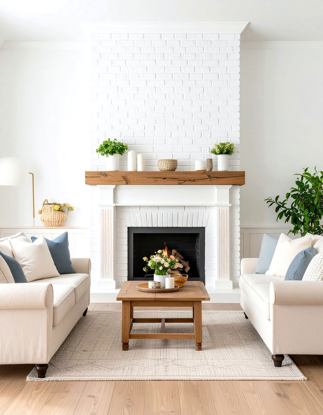 Traditional White Brick Farmhouse Style - 24 Floor to Ceiling Fireplace Ideas