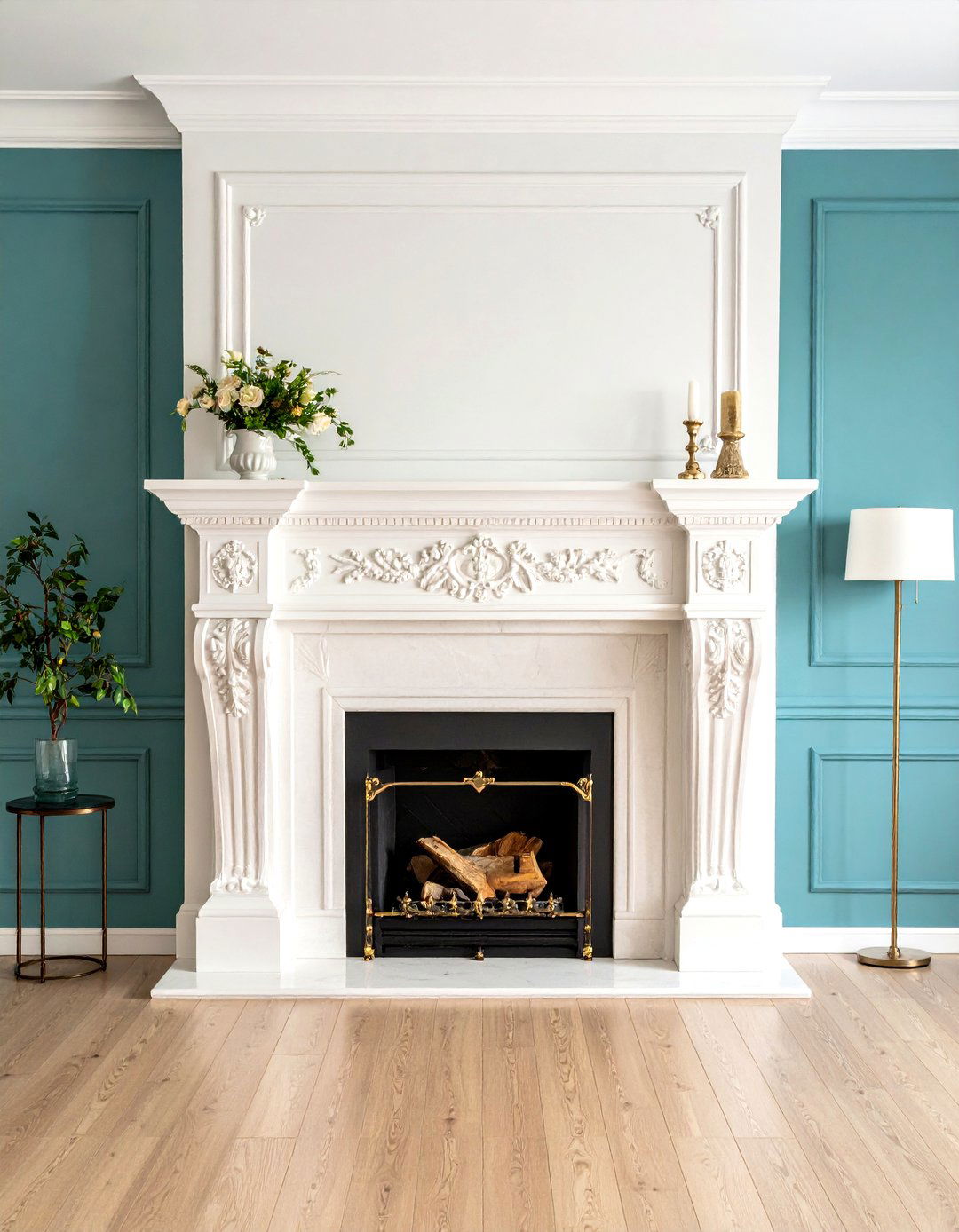 Traditional White Cast Stone Mantel - 24 White Stone Fireplace Ideas