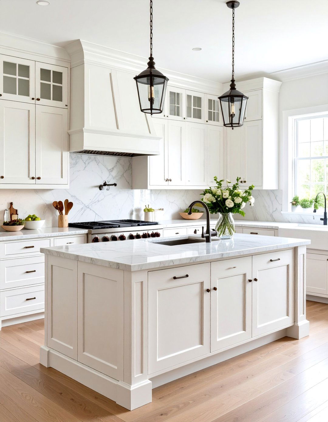 Traditional White Kitchen with Stainless Steel Farmhouse Sink - 24 White Kitchen with Stainless Steel Appliances Ideas