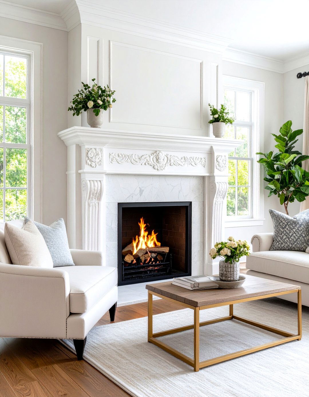 Traditional White Stone Mantel Fireplace - 24 White Fireplace Ideas