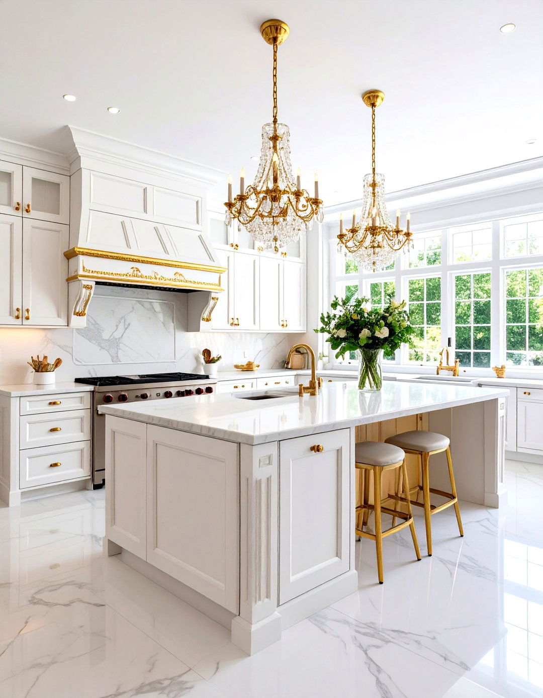 Traditional White and Gold Kitchen with Crown Molding - 24 White and Gold Kitchen Ideas
