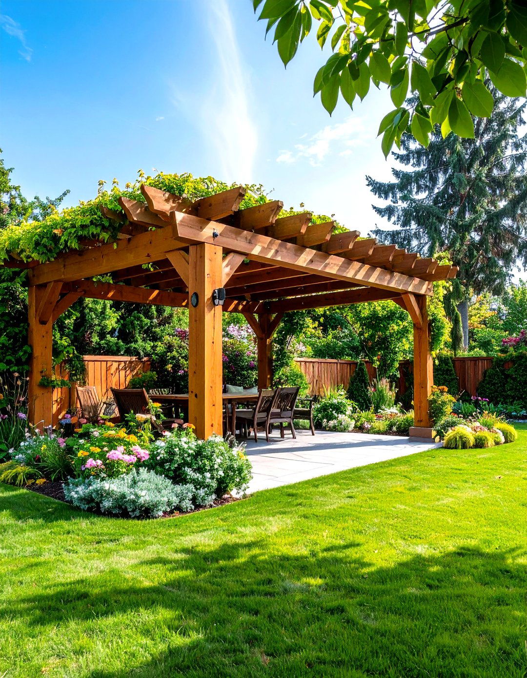 Traditional Wooden Pergola with Climbing Vines - 24 Garden Shade Ideas