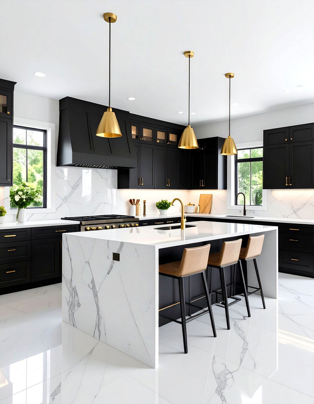 Transitional Black Cabinets with White Granite Countertops and Brass Hardware - 24 Black Kitchen Cabinets With White Countertops