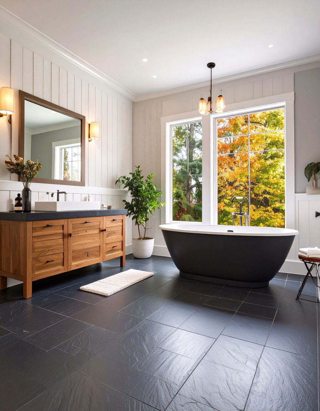 Transitional Black Slate Tile Floor with White Beadboard Walls - 24 Black Floor Bathroom With White Walls Ideas