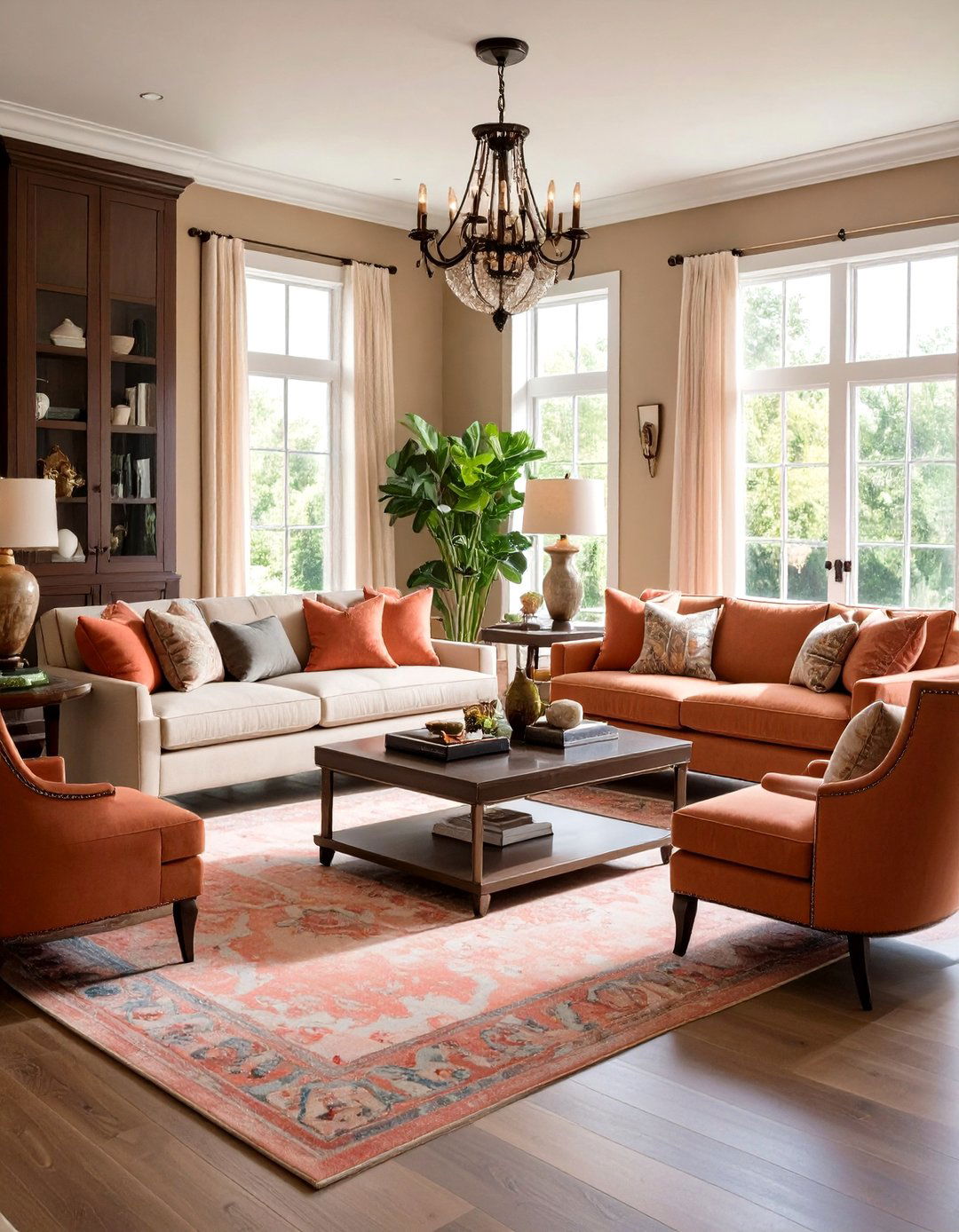 Transitional Espresso and Coral Living Room - 24 Black and Orange Living Room Ideas