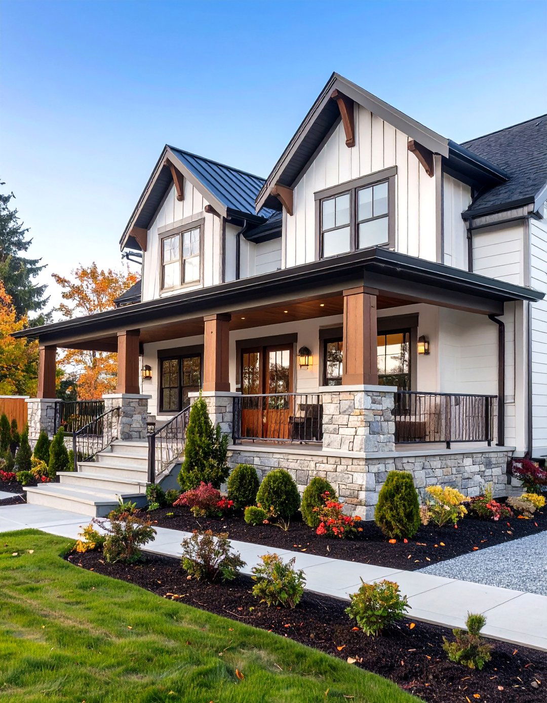 Transitional Farmhouse with Mixed Materials - 24 White Farmhouse With Wrap-around Porch Ideas