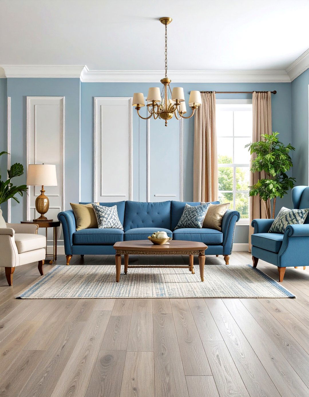 Transitional Grey Wood Floor with Sky Blue Walls - 24 grey floor living room with blue walls ideas