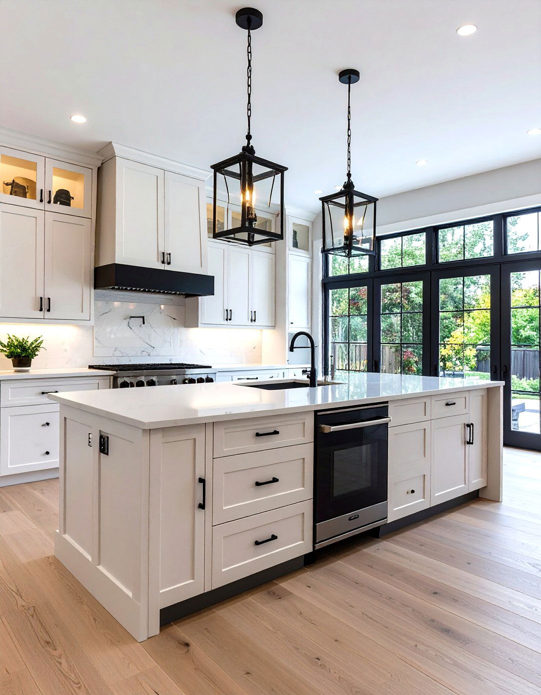 Transitional Kitchen with Glass Front Cabinets and Black Frames - 24 White Kitchen Cabinets With Black Hardware