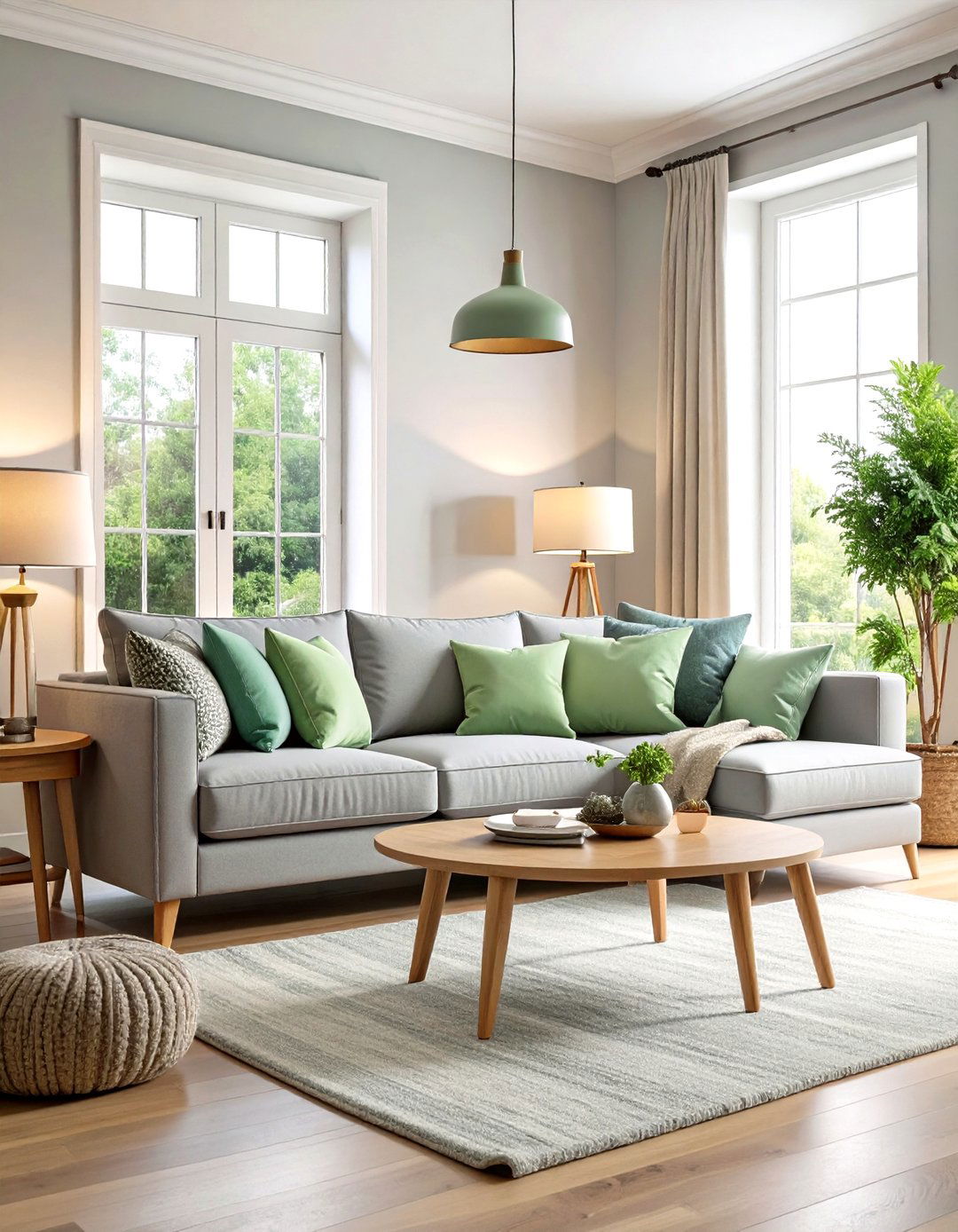 Transitional Living Room with Mint and Dove Grey