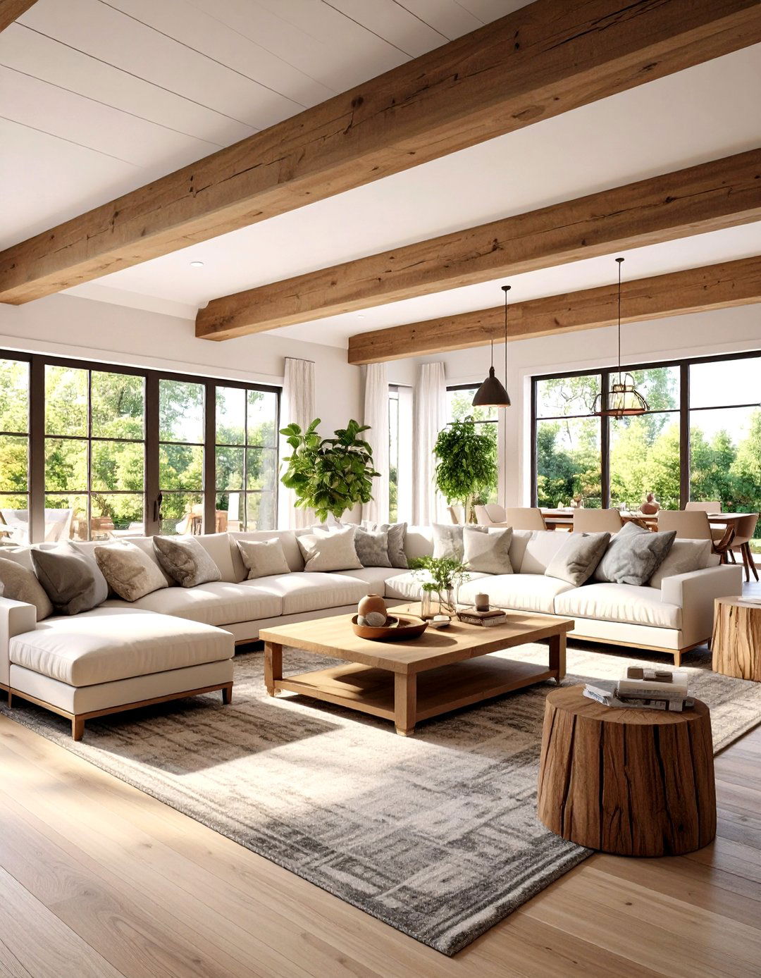 Transitional Living Room with Stained Wood Beam Accents - 24 Exposed Beam Living Room Ideas