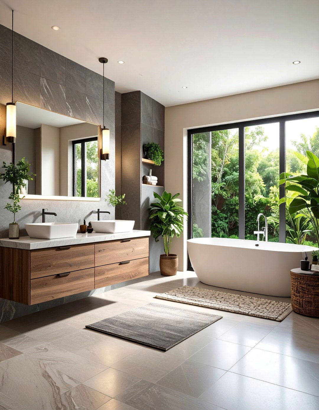 Transitional Medium Grey Wood Look Tile Bathroom - 24 Grey Tile Bathroom Ideas