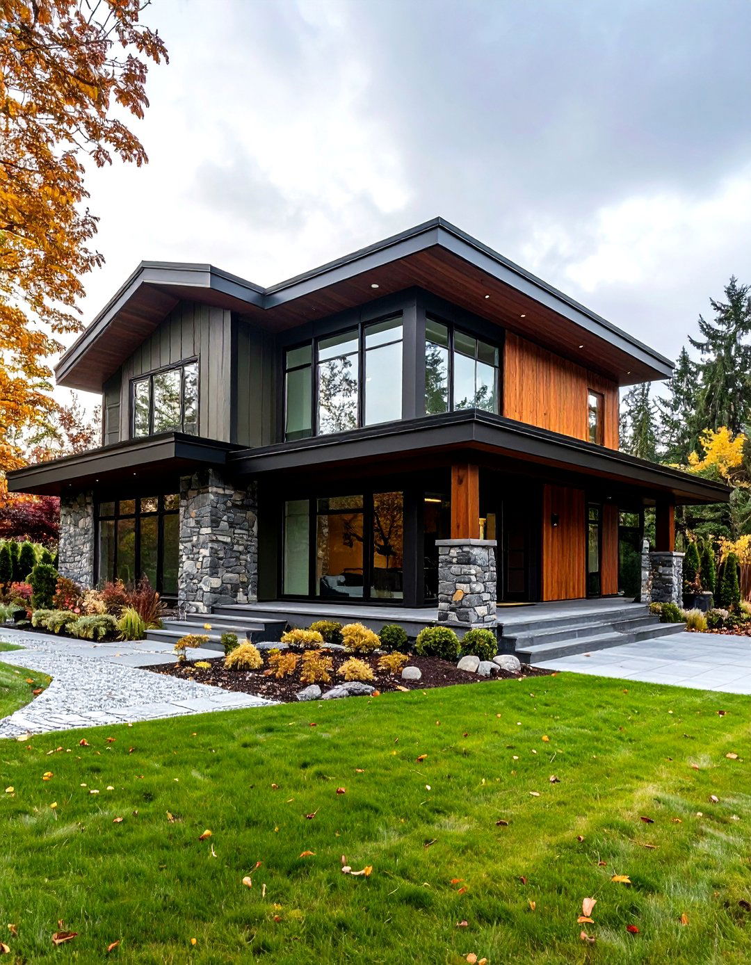 Transitional Mixed Material Harmony - 24 Dark Olive Green House Designs