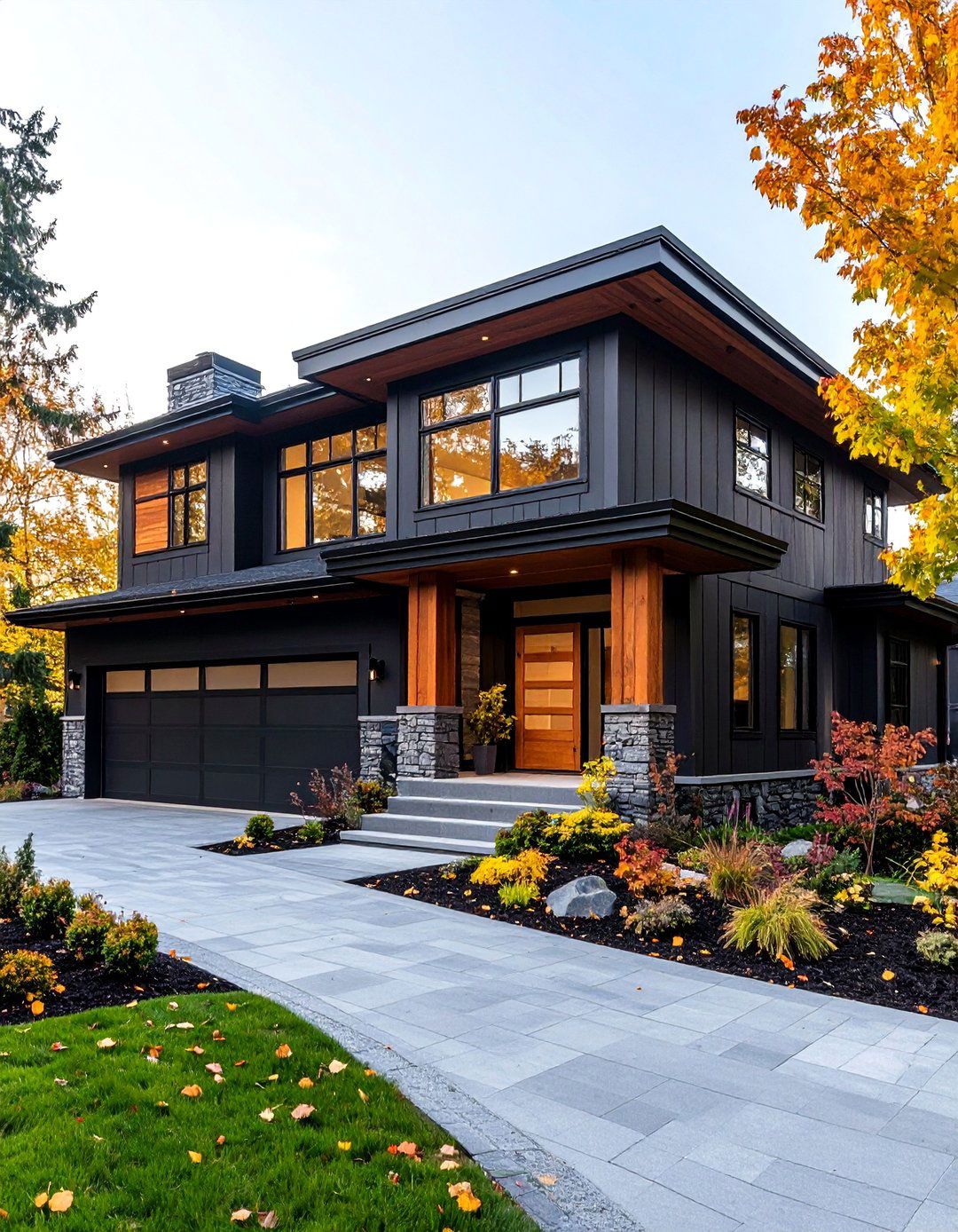 Transitional Mixed Wood Tone Design - 24 Black House With Wood Accents