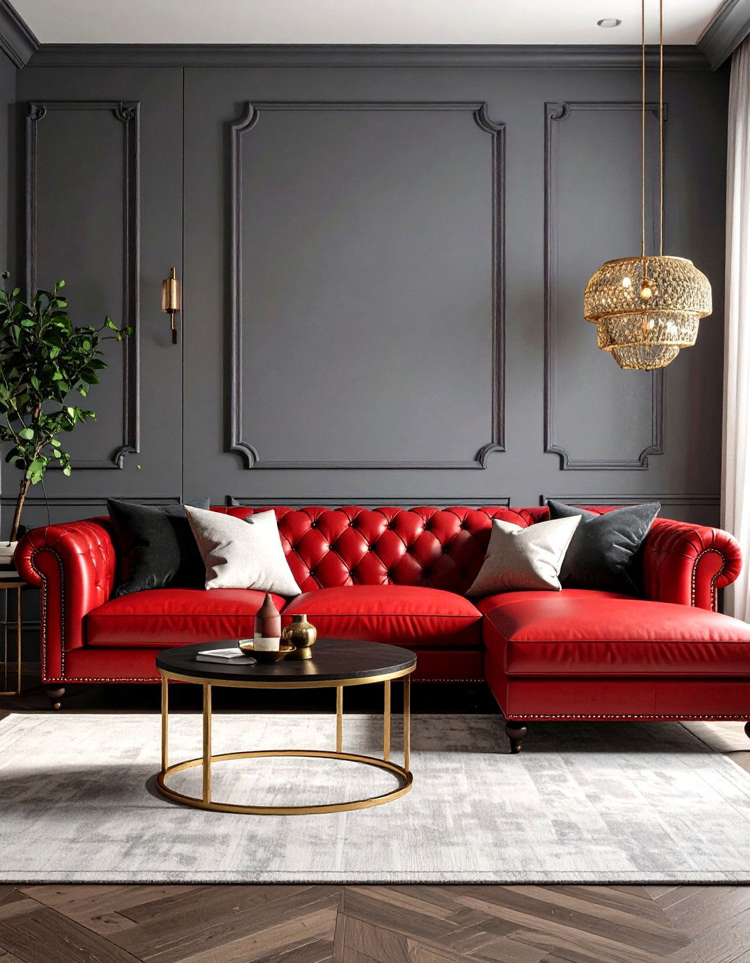 Transitional Red Leather and Charcoal Sophistication - 24 Red and Grey Living Room Ideas