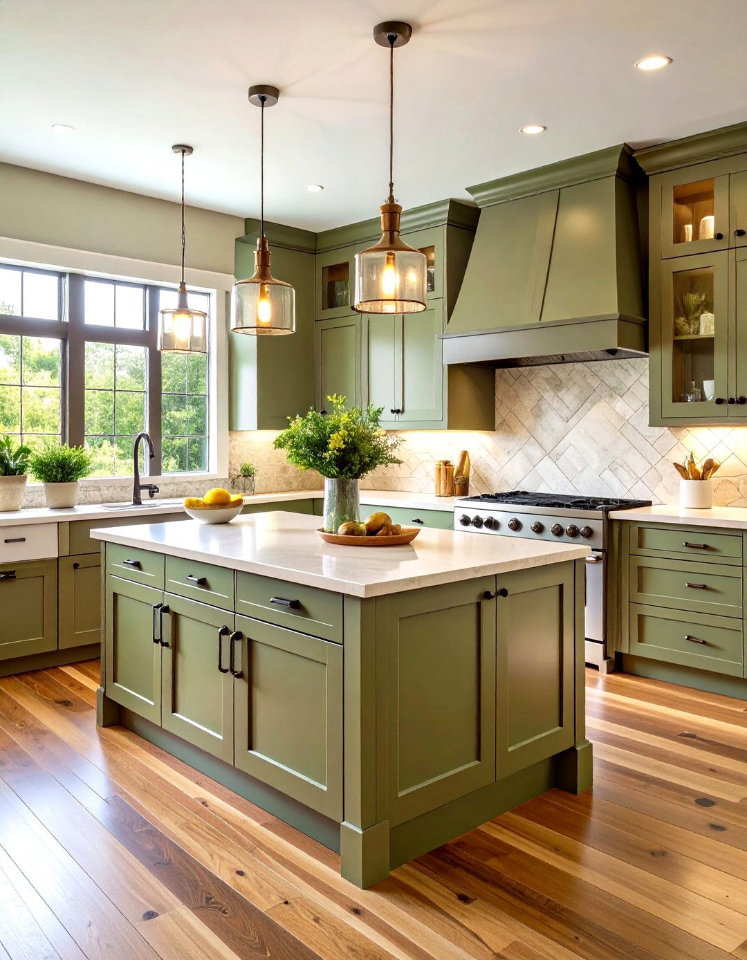 Transitional Sage Green Kitchen with Mixed Materials - 24 Sage Green Kitchen Cabinets With Butcher Block Countertops