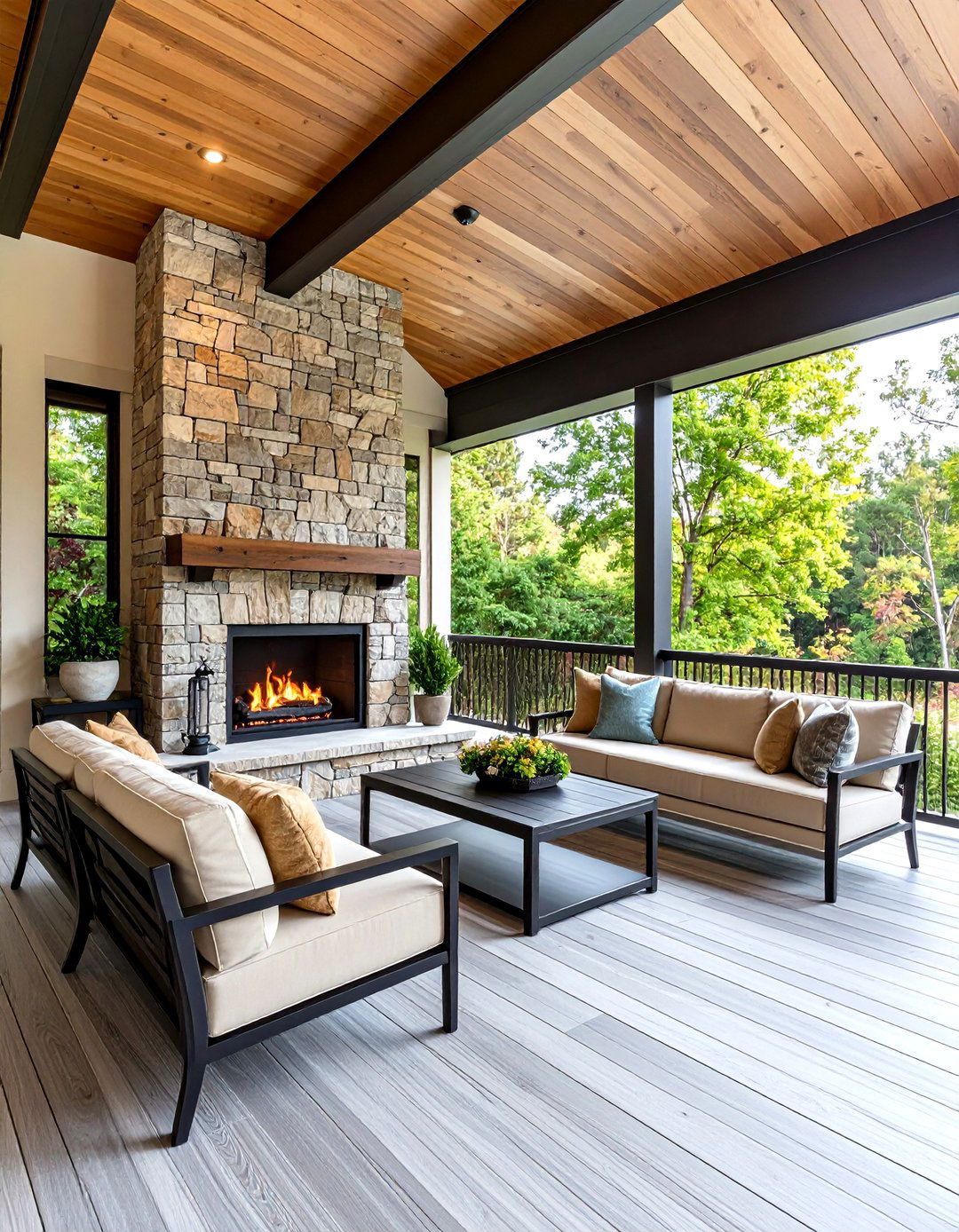 Transitional Stone and Steel Fireplace - 24 Screened-in Porch With Fireplace Ideas