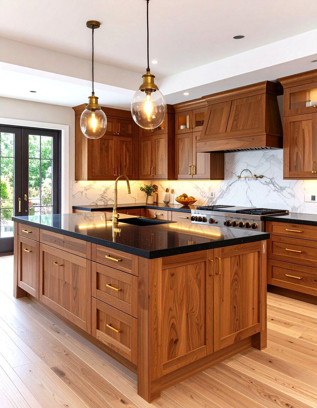 Transitional Style Brown Wood Cabinets with Black Surfaces