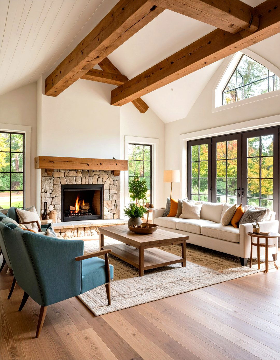 Transitional Style Fireplace With Beam Accented Ceiling - 24 Rooms With Fireplaces With Vaulted Ceilings Features