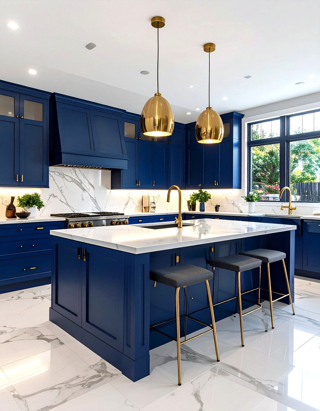 Transitional Style Navy Blue Island - 24 White Kitchen Cabinets With Blue Island