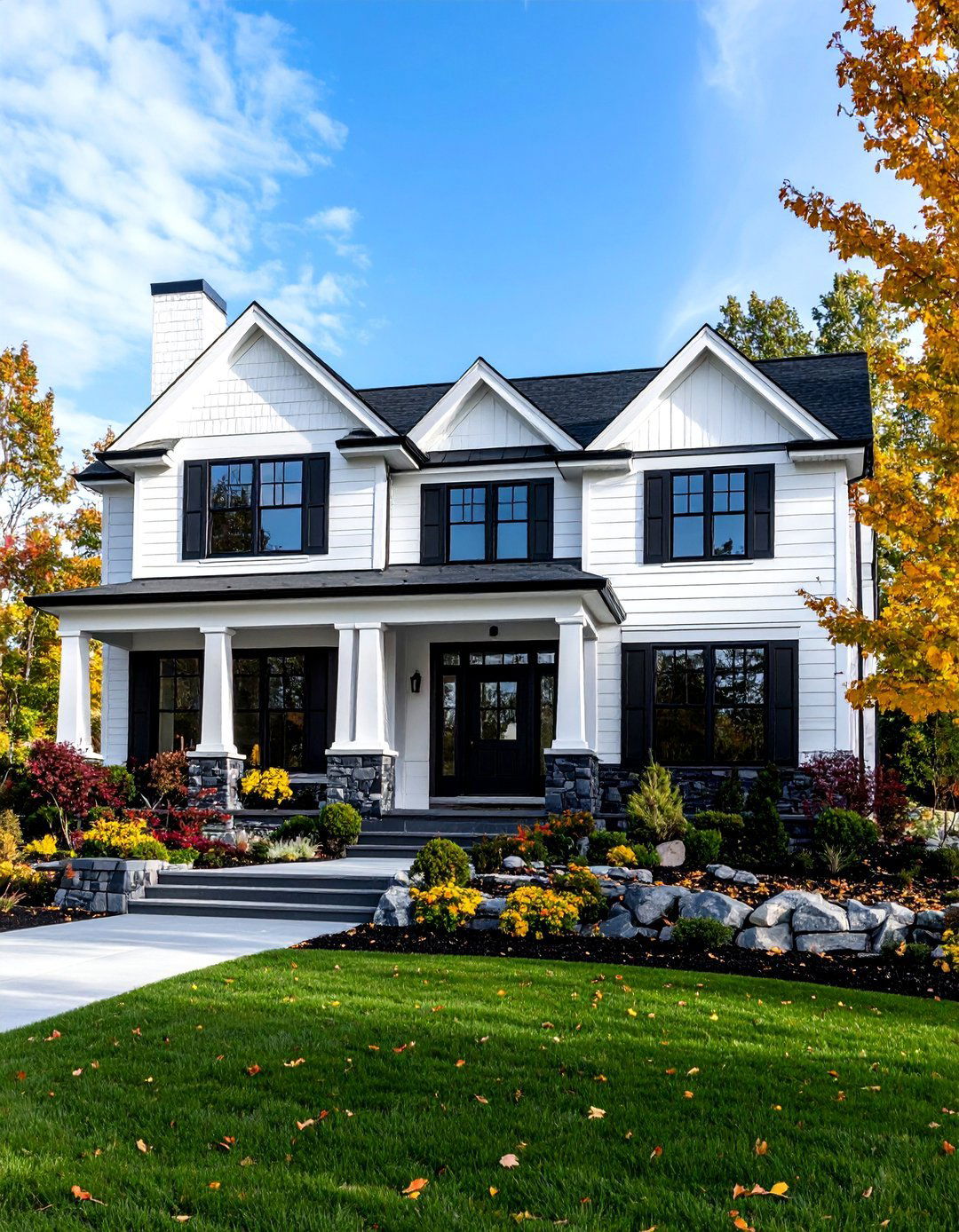 Transitional Style White Siding with Black Accent Materials - 24 Black and White House Exterior Ideas