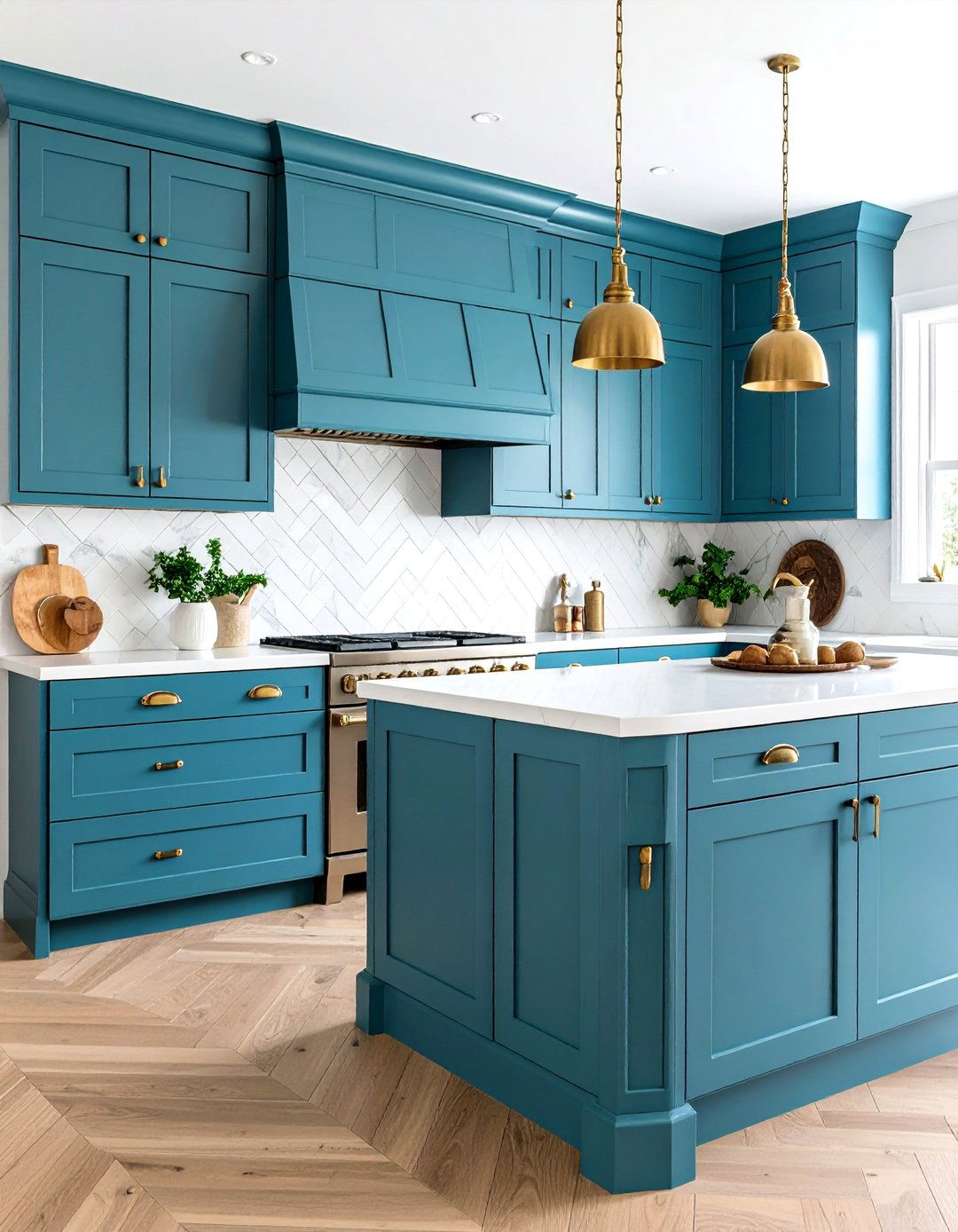 Transitional Style with Teal Blue Cabinets - 24 blue kitchen cabinets with gold hardware
