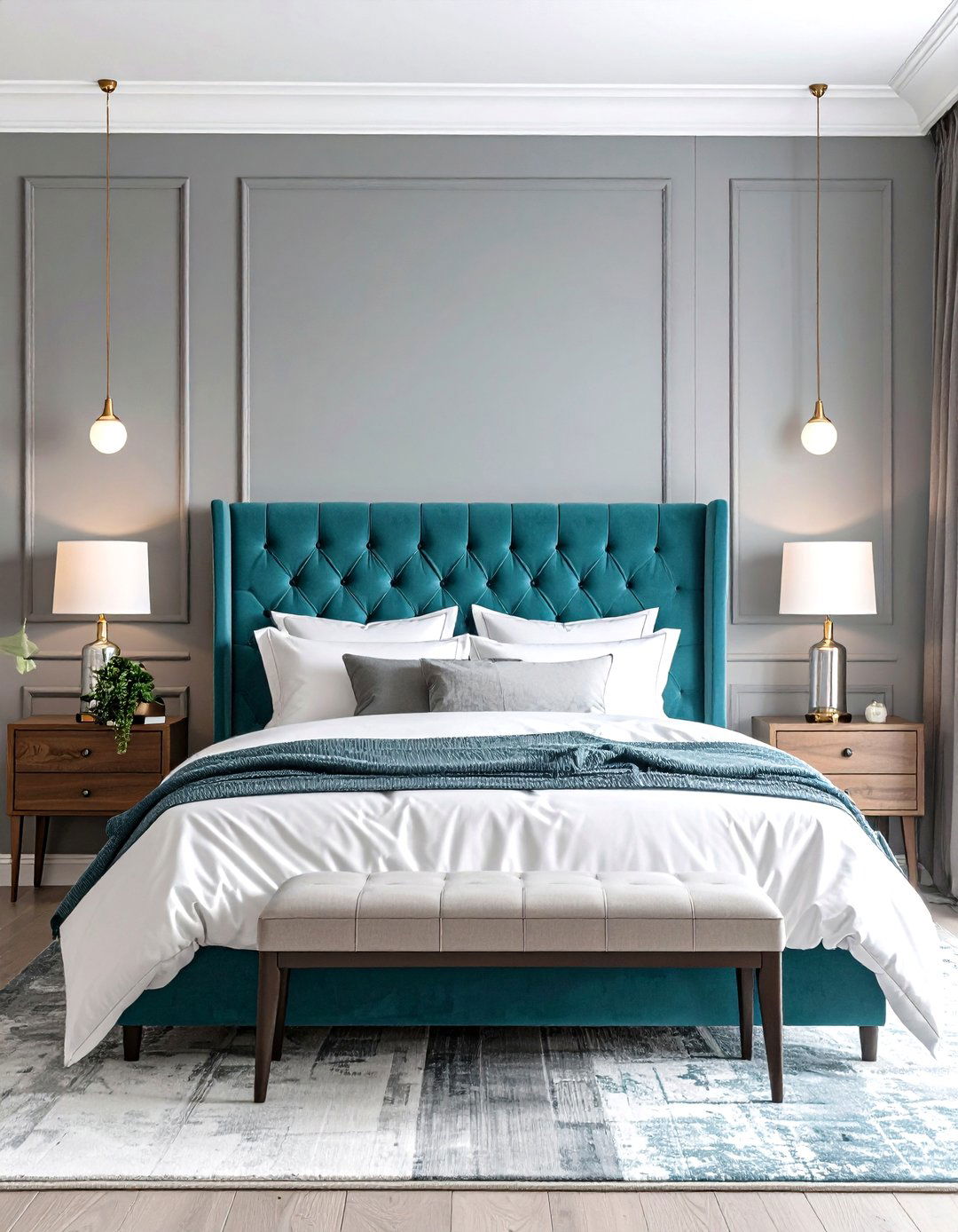 Transitional Teal Headboard with Grey Walls - 24 Teal and Grey Bedroom Ideas
