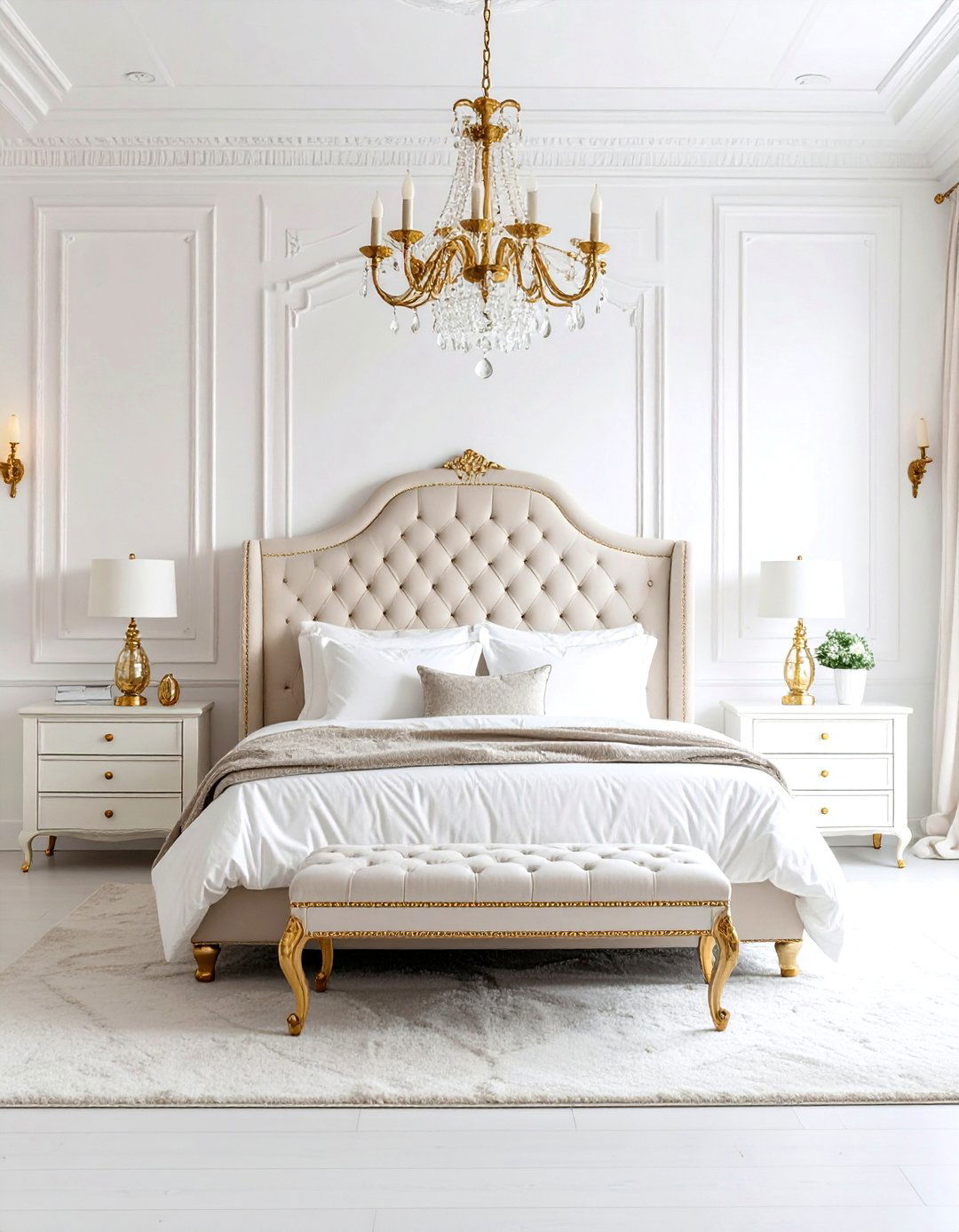 Transitional White Bedroom with Balanced Gold Elements - 24 White and Gold Bedroom Ideas