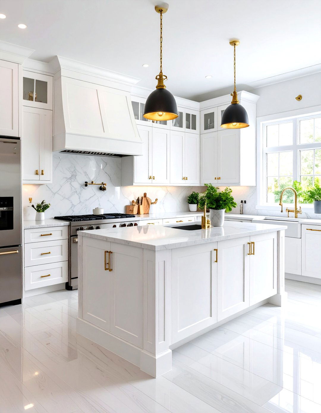 Transitional White Kitchen with Stainless Steel Suite - 24 White Kitchen with Stainless Steel Appliances Ideas
