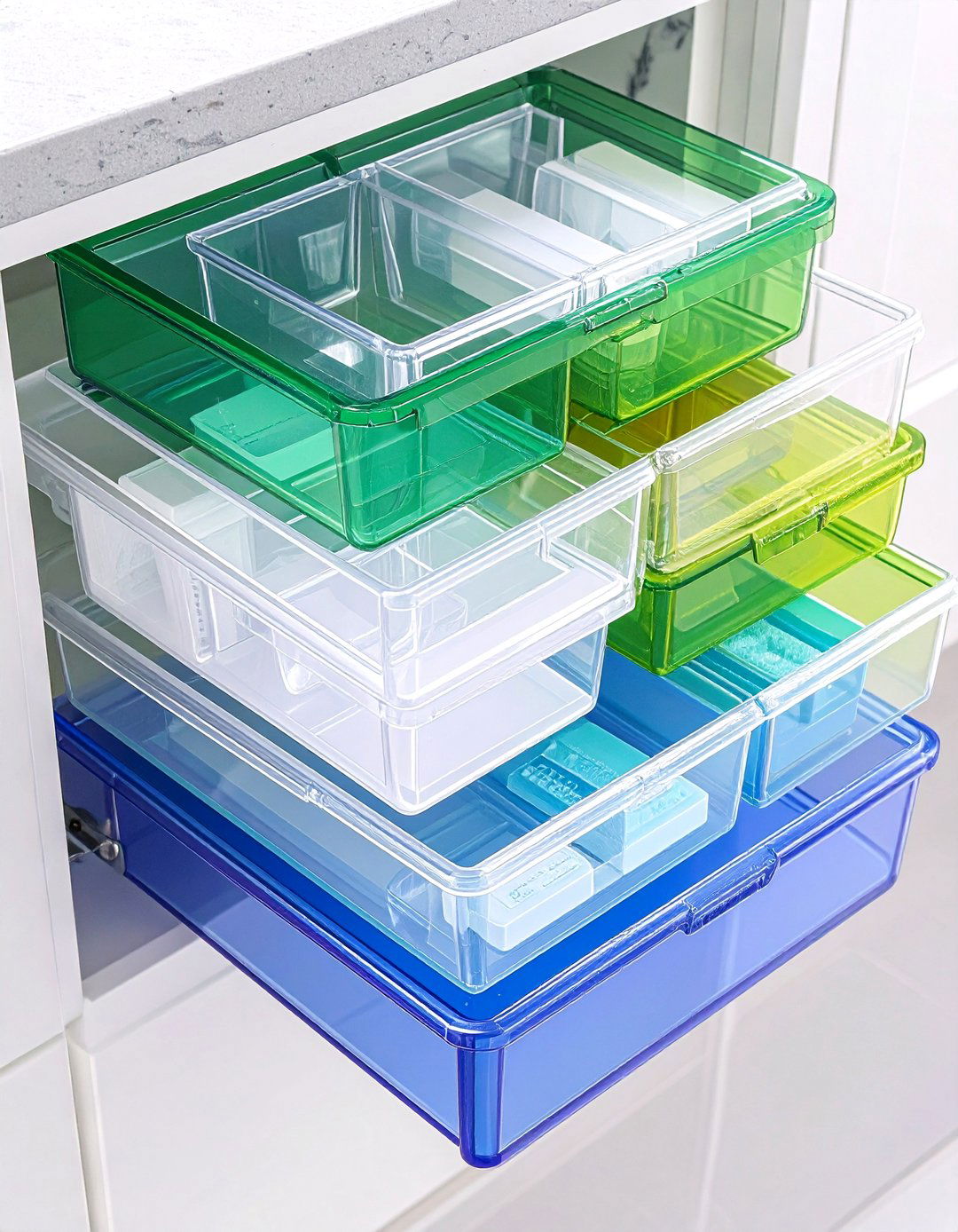 Transparent Stacking System with Layered Accessibility - 24 Bathroom Drawer Organization Ideas