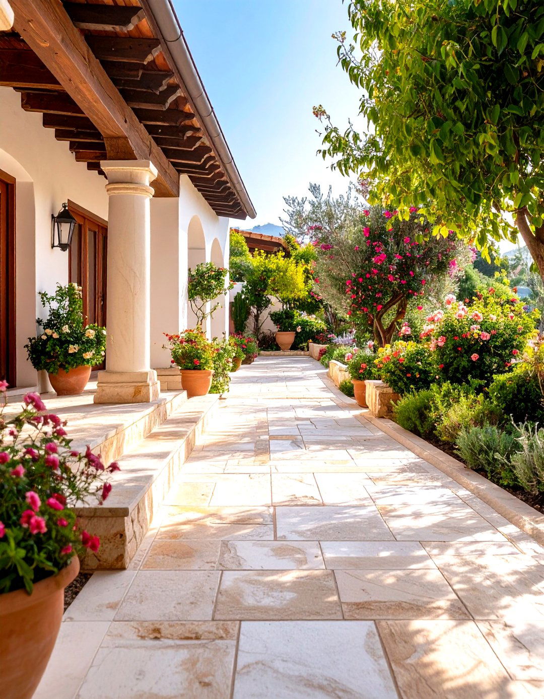 Travertine Natural Stone Mediterranean Style - 24 Front Walkway Ideas