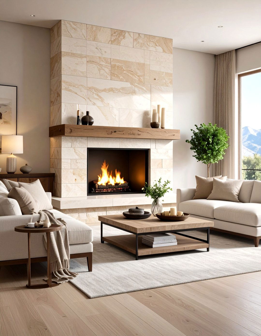 Travertine Stacked Stone with Floating Mantel - 24 Stacked Stone Fireplace Ideas