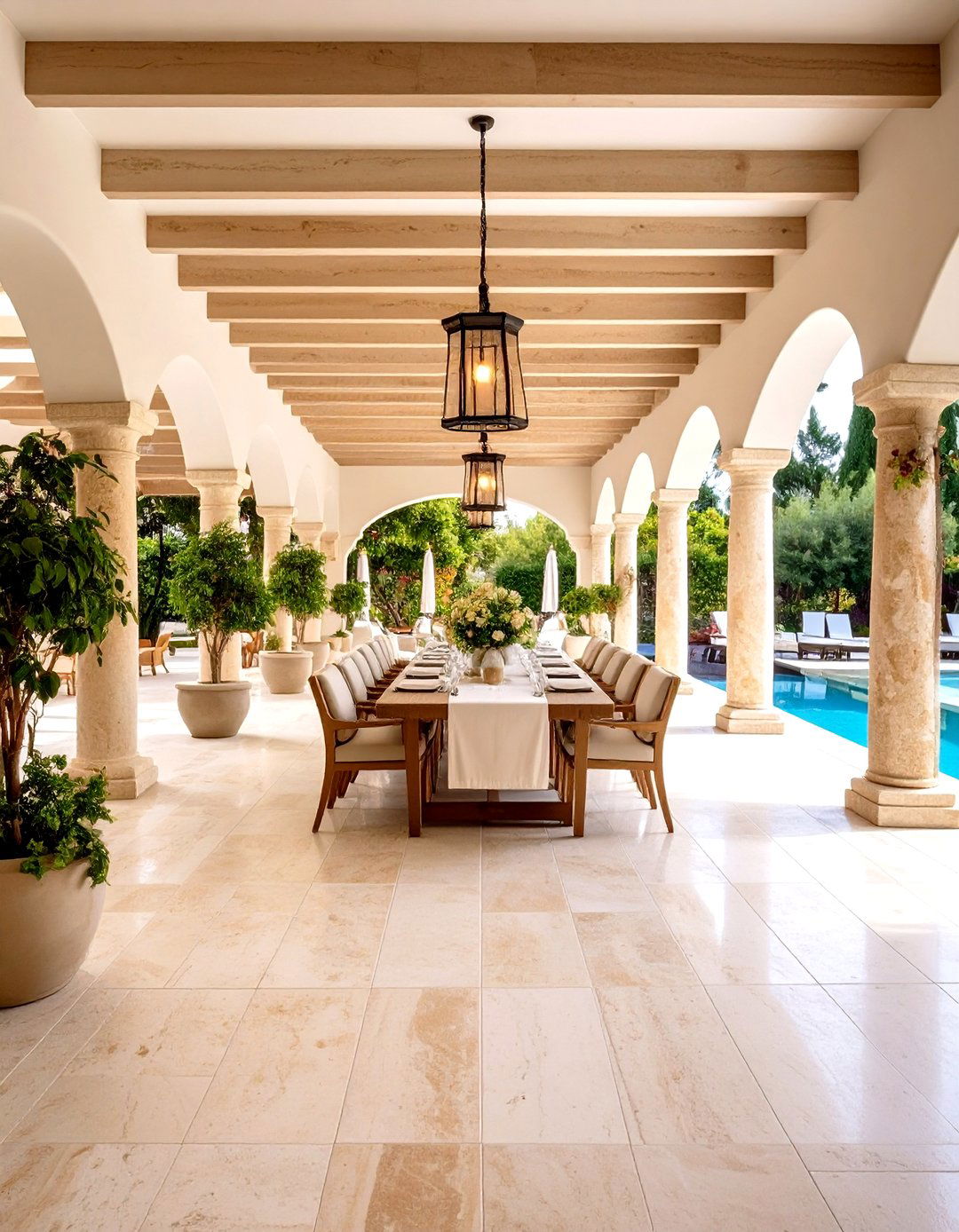 Travertine Stone Pergola Elegance - 24 Pergola Flooring Ideas