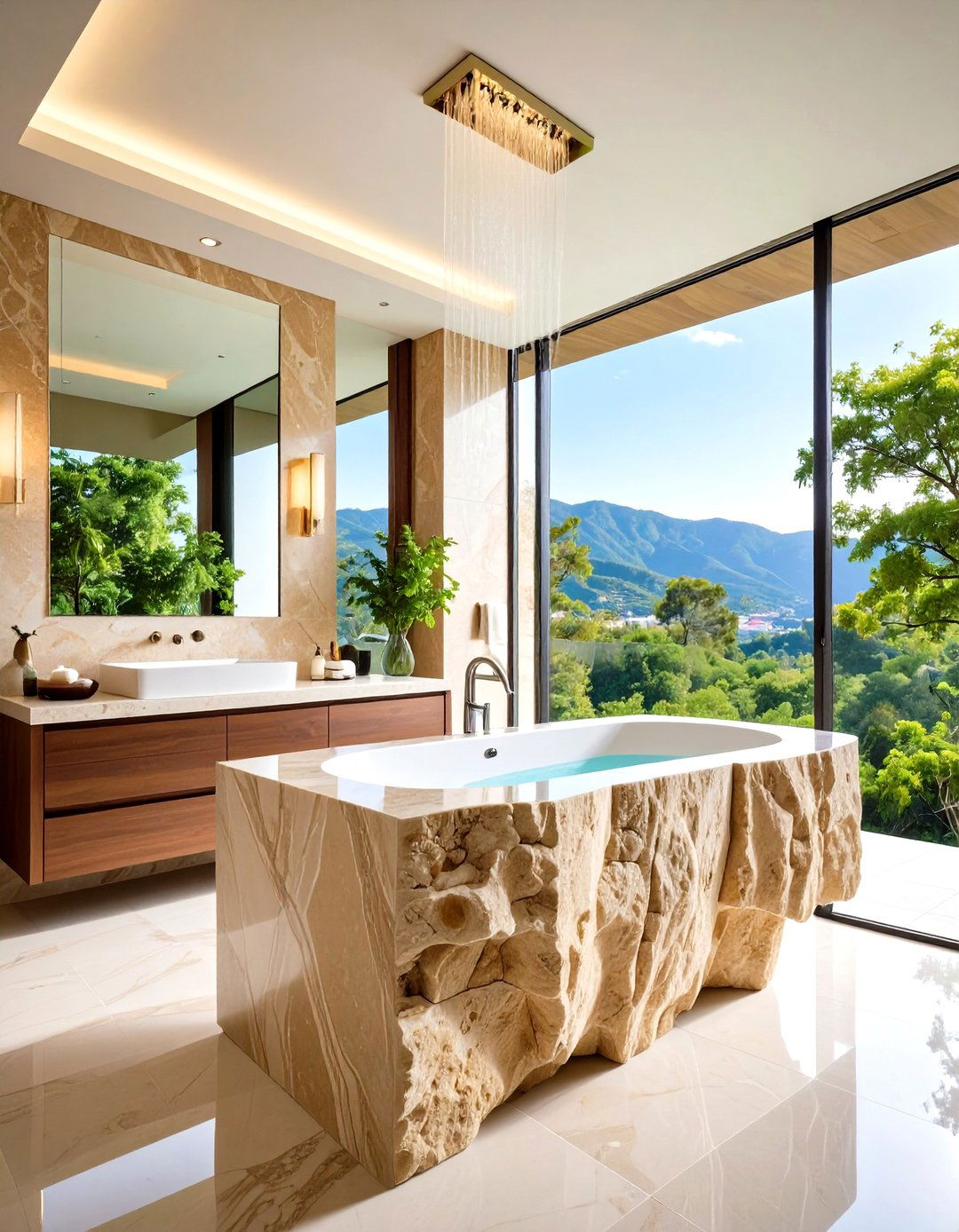 Travertine Waterfall Vanity Design - 24 Travertine Tile Bathroom Ideas
