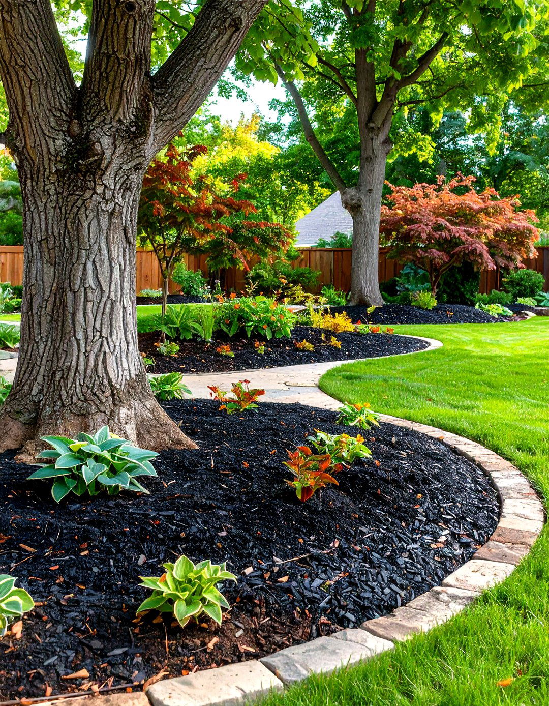 Tree Ring Mulching Design - 24 Black Mulch Landscaping Ideas