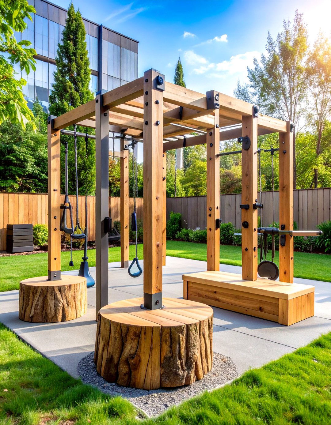 Tree Stump Exercise Equipment Station - 24 Tree Stump Decorating Ideas