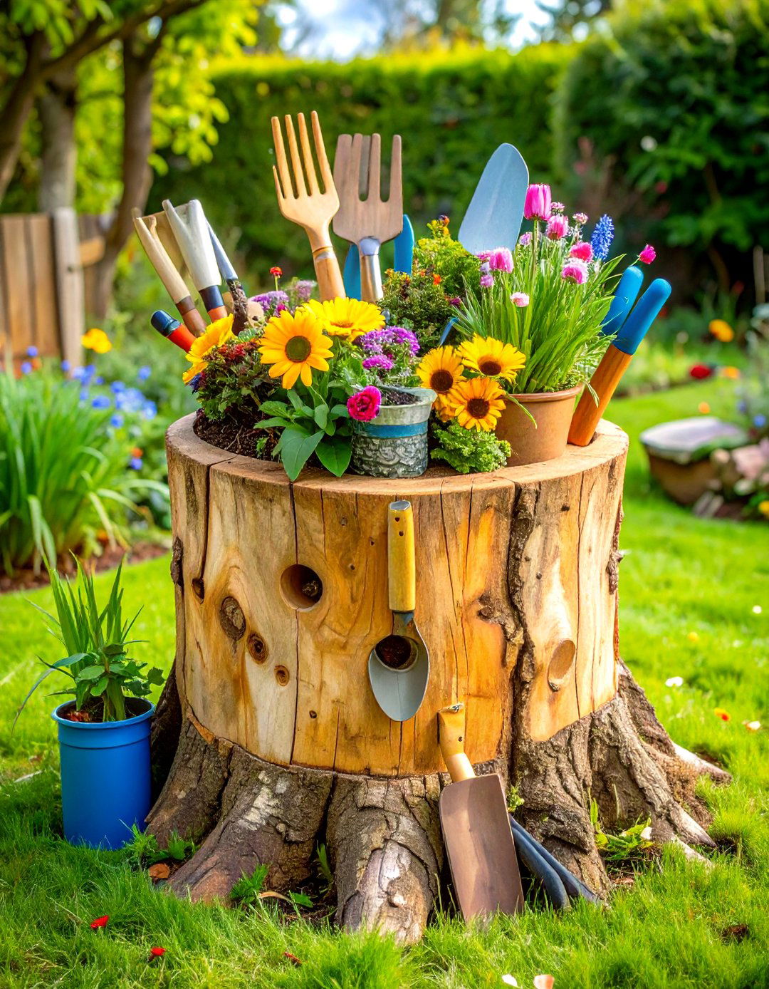 Tree Stump Garden Tool Storage Hub - 24 Tree Stump Decorating Ideas