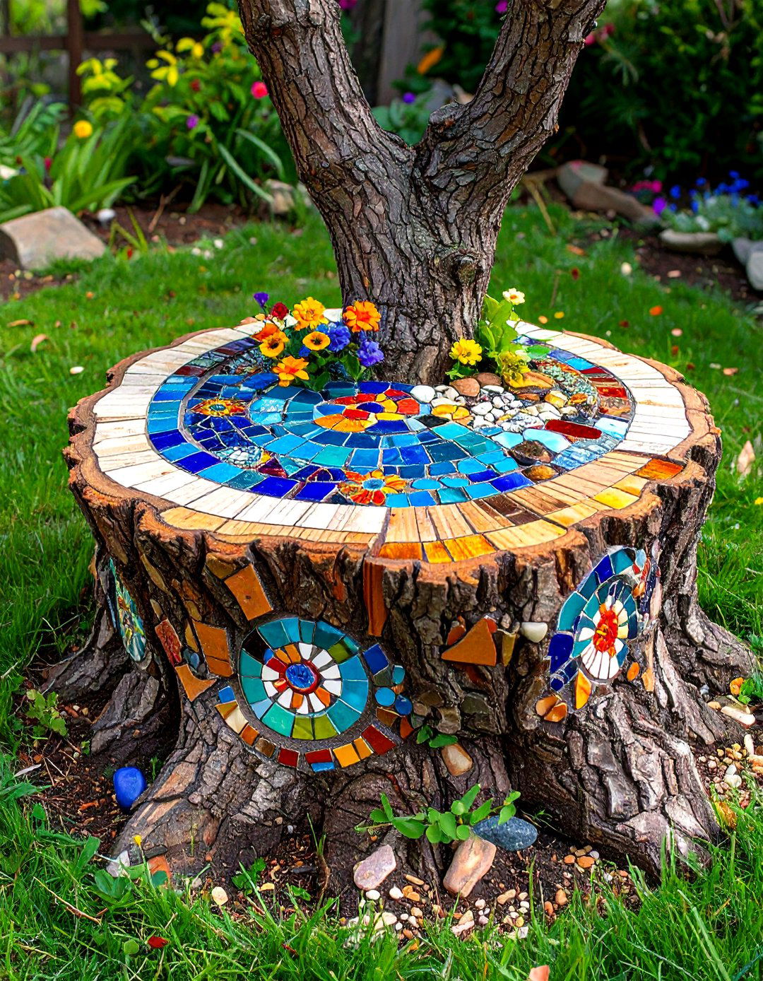 Tree Stump Mosaic Art Centerpiece - 24 Tree Stump Decorating Ideas
