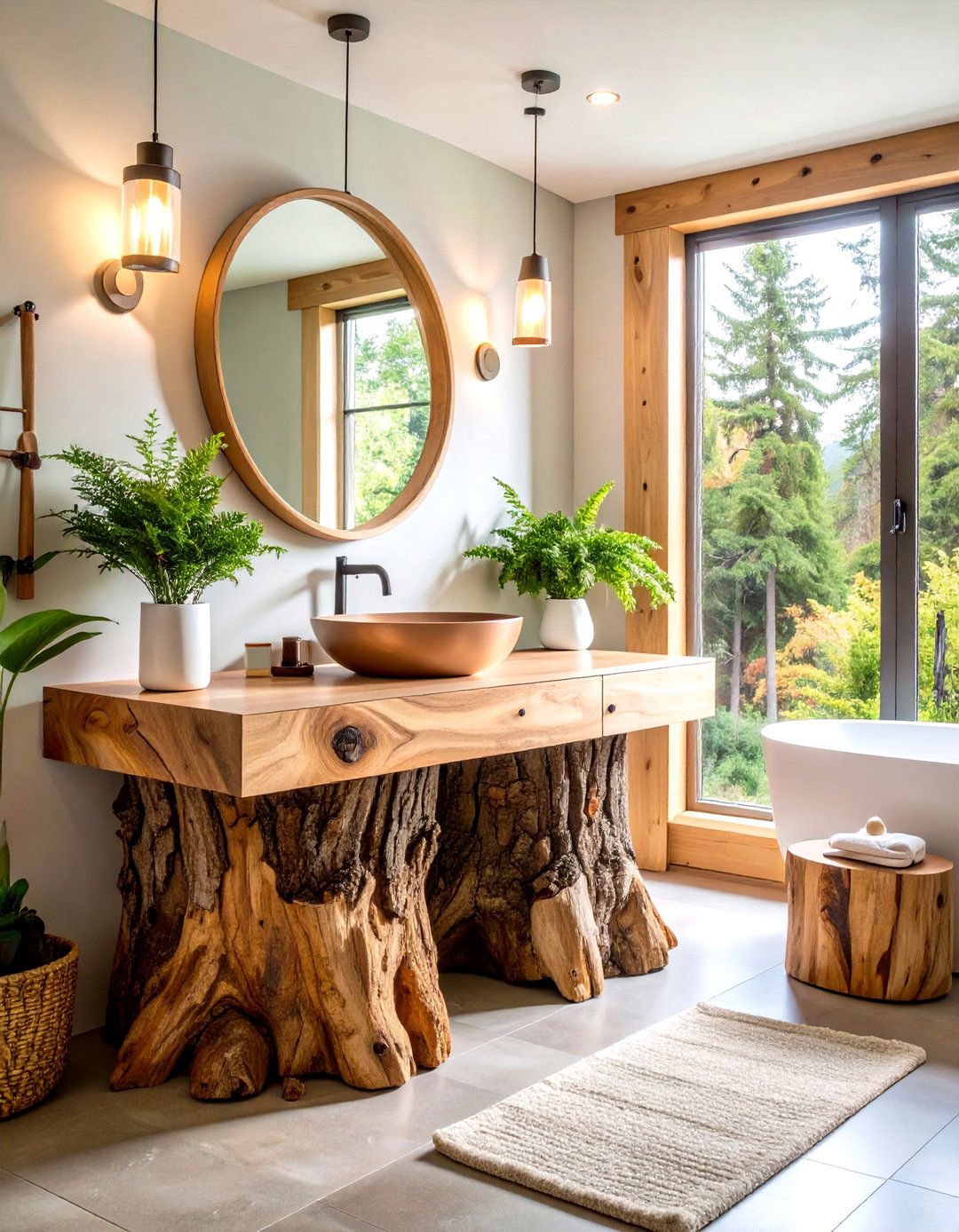 Tree Stump Vanity with Natural Elements - 24 Log Cabin Bathroom Ideas