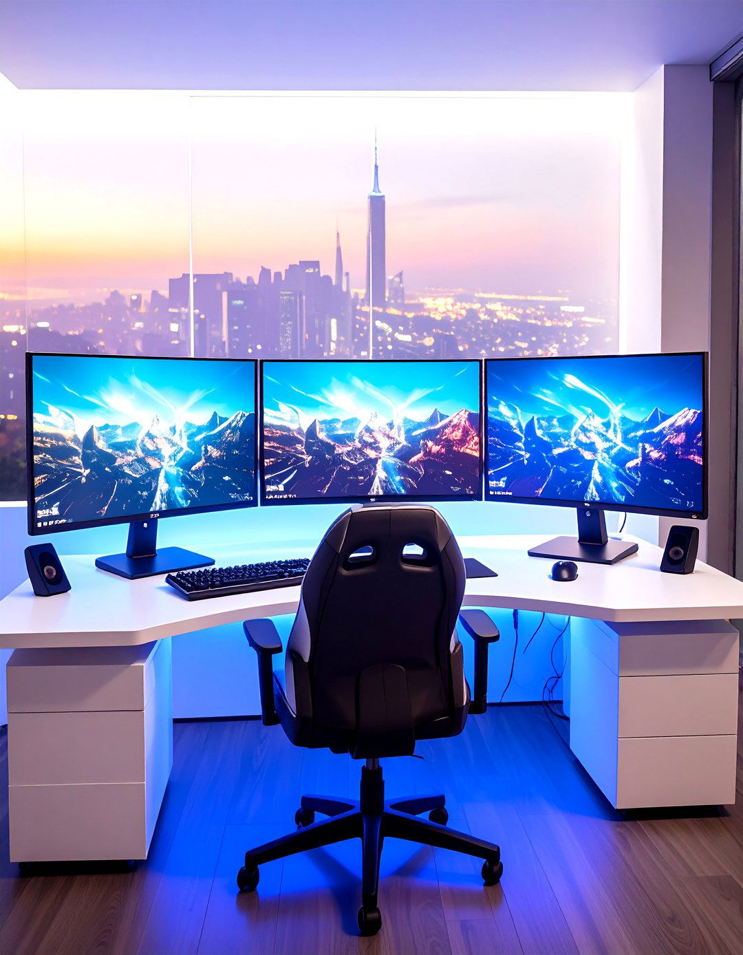 Triple Monitor White Command Center - 24 All White Gaming Setup Ideas