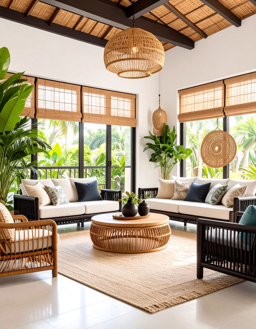 Tropical Black Rattan and Brown Wood Paradise - 24 Black and Brown Living Room Ideas