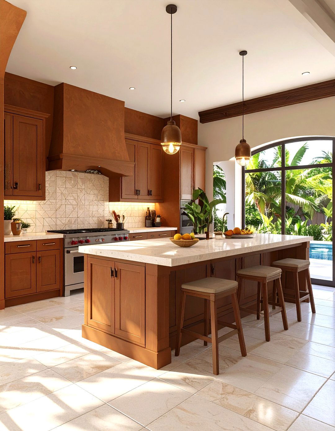 Tropical Brown Stucco Kitchen with Cream Tile Accents - 24 Stucco Outdoor Kitchen Ideas