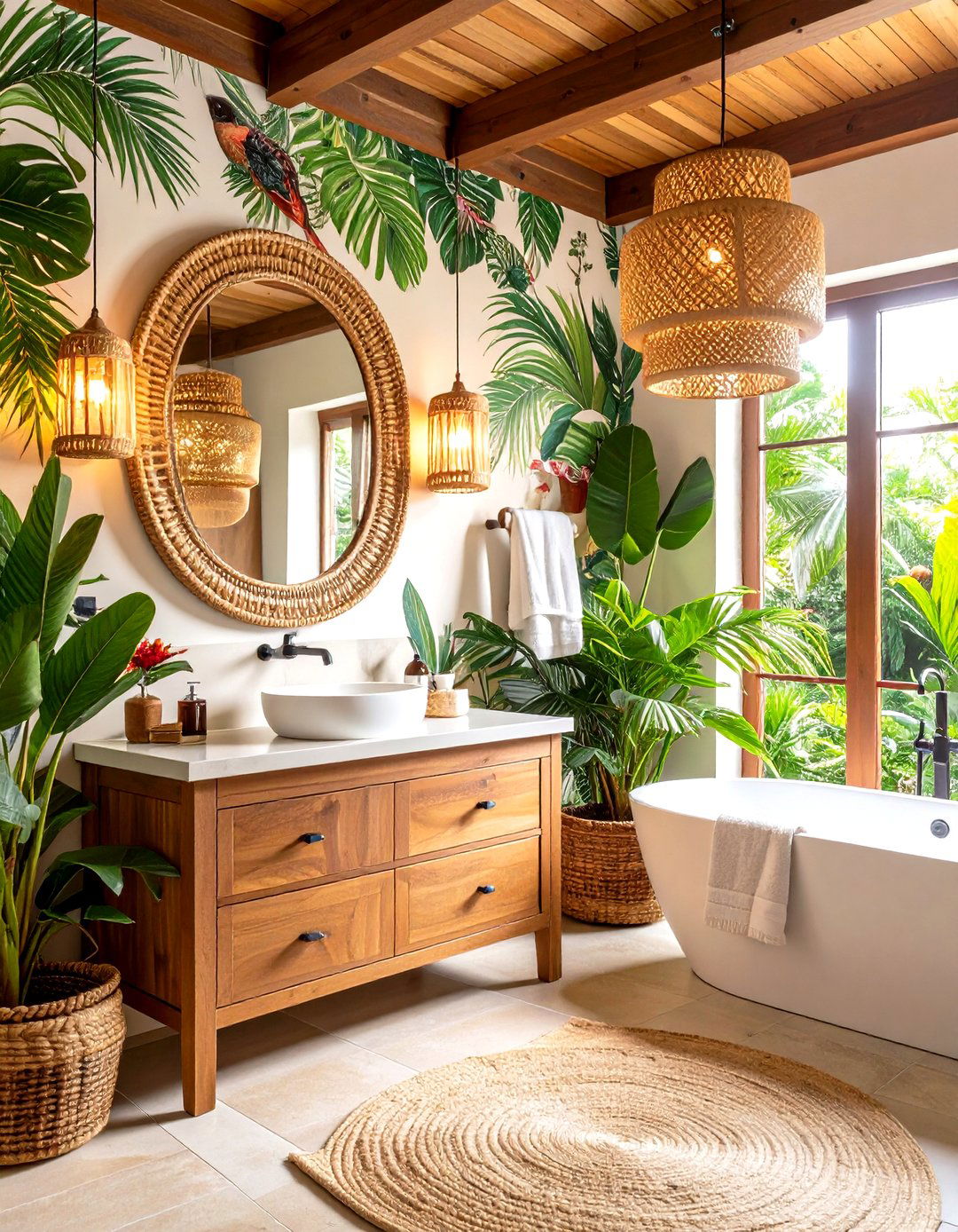 Tropical Eclectic Powder Room with Natural Elements - 24 Eclectic Powder Room Ideas